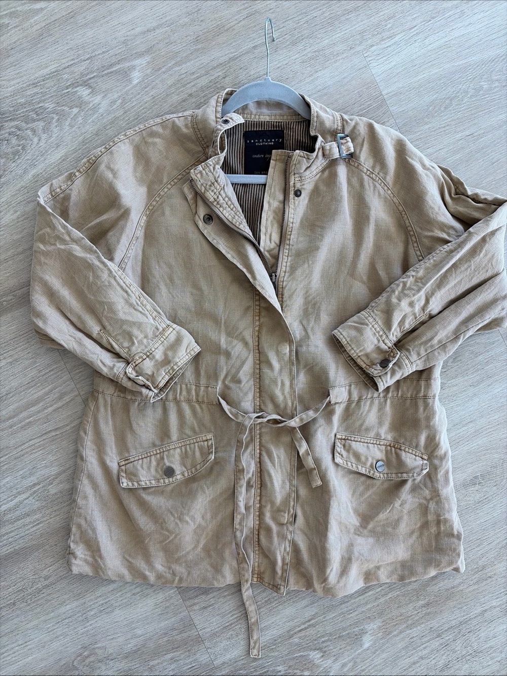 Sanctuary Linen Utility Cargo Jacket Women’s L Tan Military Safari Zip Snap